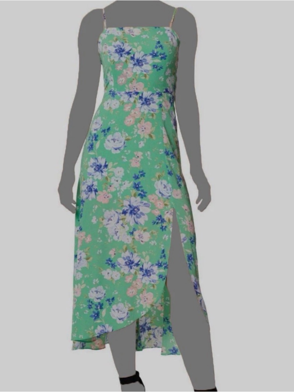 BCBGeneration Green Floral Cami Midi Dress Womens 12 Slit High Low Lined